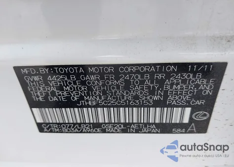 2012 Lexus Is 250 from USA, damaged, VIN JTHBF5C25C5163153